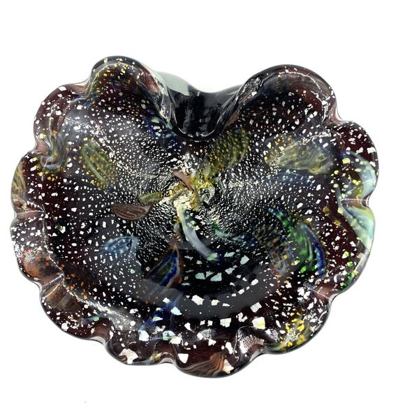 Murano Tutti Frutti MCM Art Glass Cobalt Pinched Ashtray Dish Bowl Silver 7" W - Picture 1 of 8